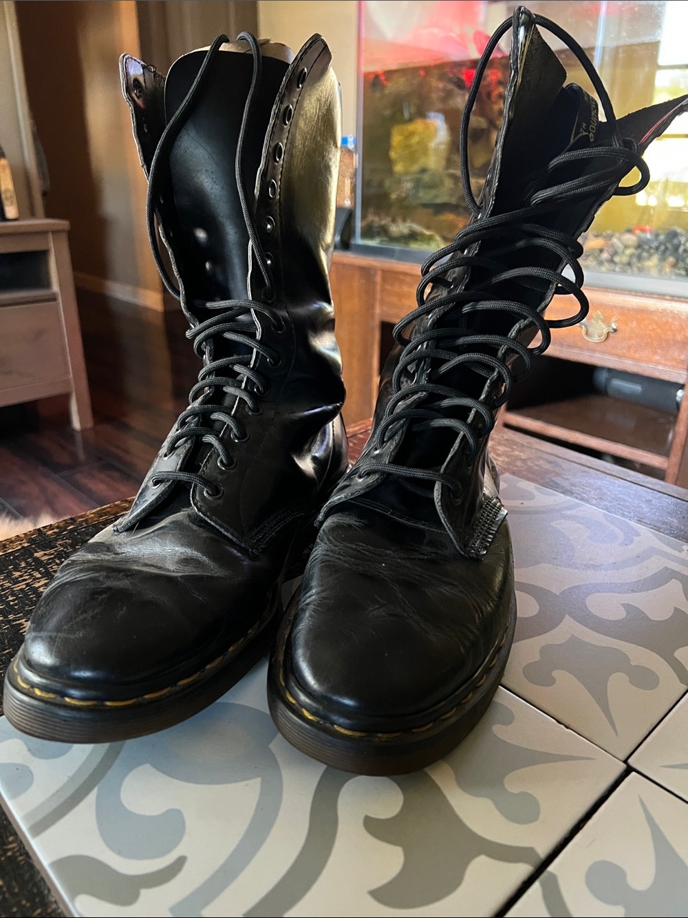 Dr. Martens Black Leather Tall Lace-Up Boots with Yellow Stitching